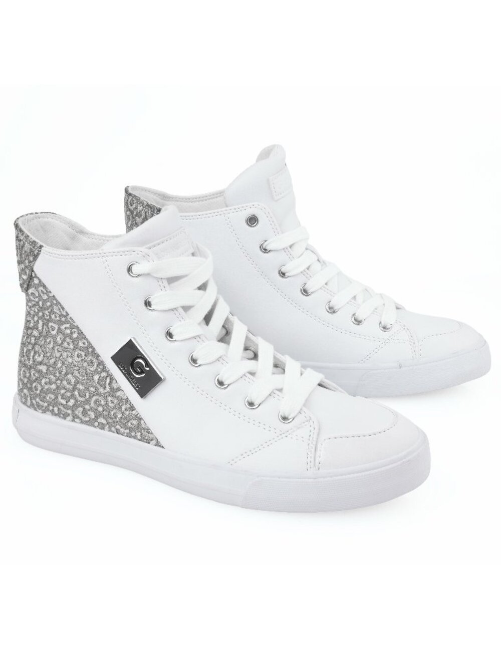 GBG GUESS “Merica” High-Top Sneakers  Women’s Size 7.5 White w/ Silver Leopard